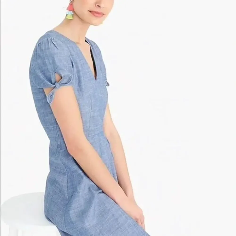 J. Crew‎ Chambray Dress Womens 2 Blue V-Neck Short Sleeve Tie Detail Casual Mini - Picture 8 of 8
